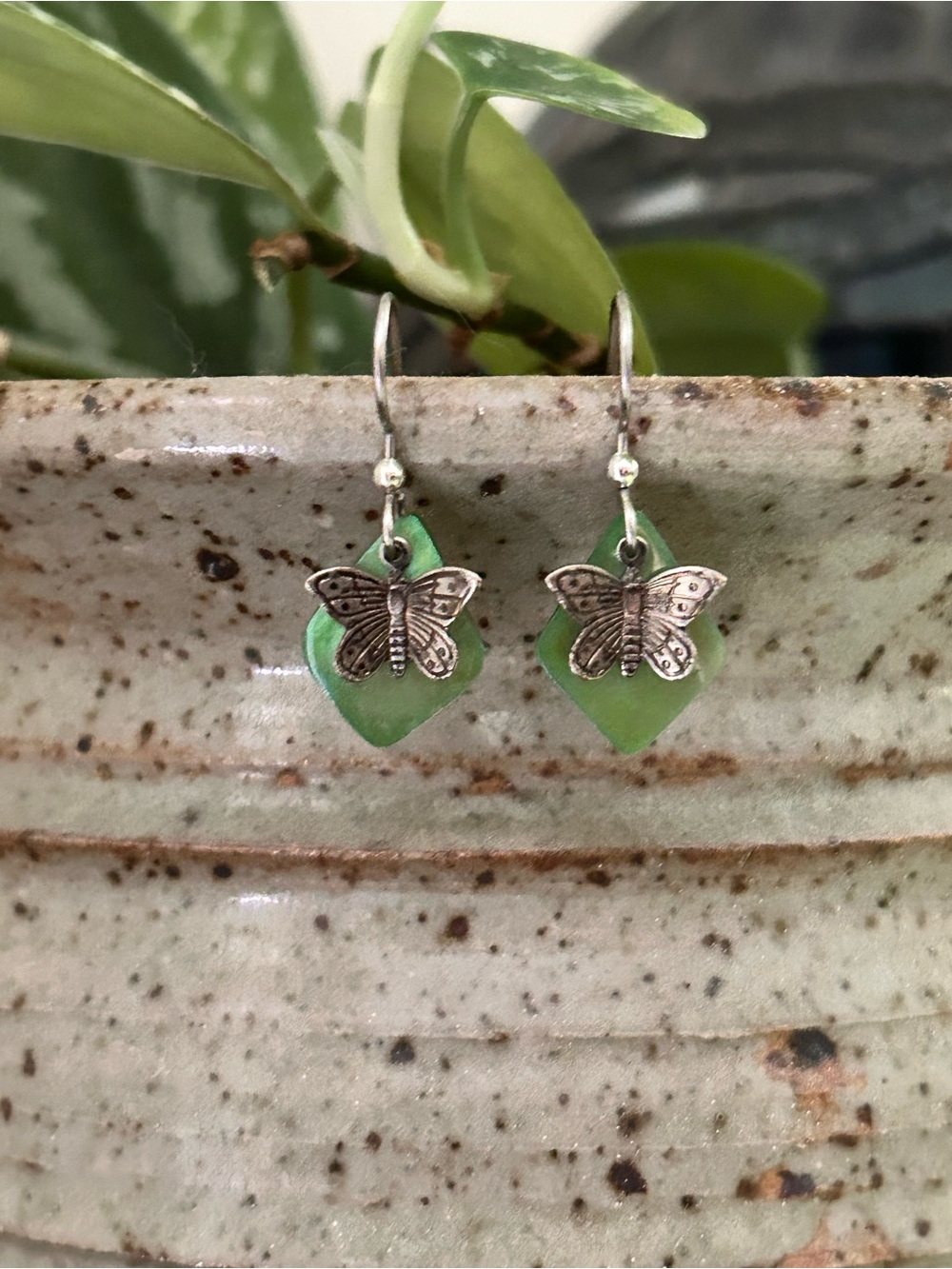 Green Butterfly and Green Shell Earrings